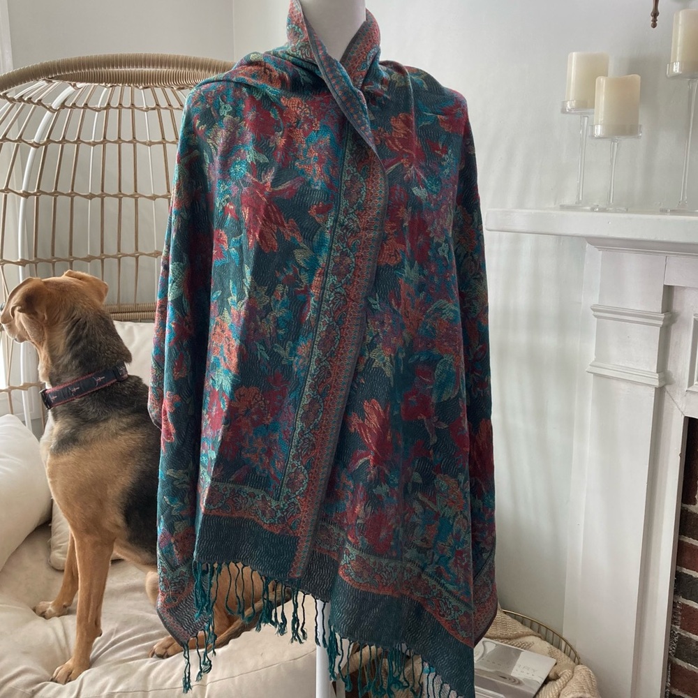 Boho Floral Fringe Scarf Wrap Shawl Multicolor Paisley Print Teal Burgundy‎
